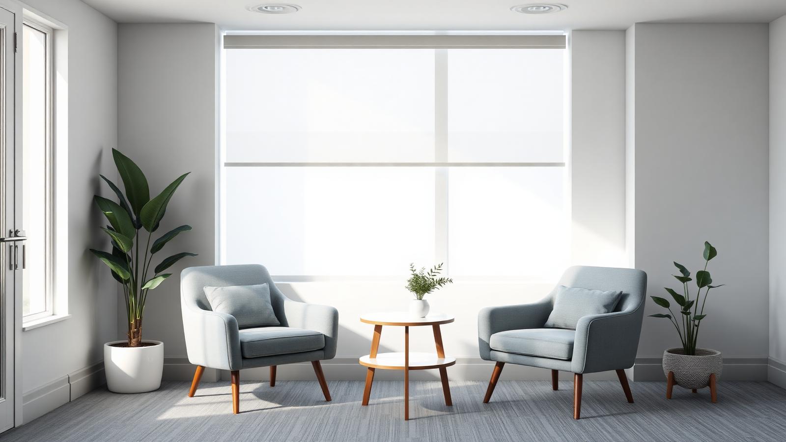 Consultório de psicologia com poltronas e iluminação natural